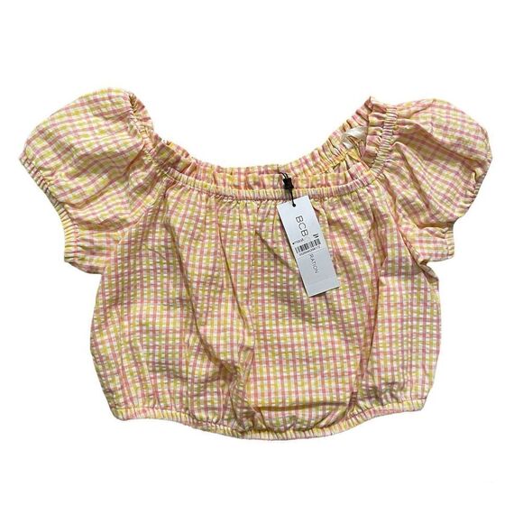 NWT BCBGeneration Yellow Pink Checkered Crop Top Size Small - Picture 2 of 10